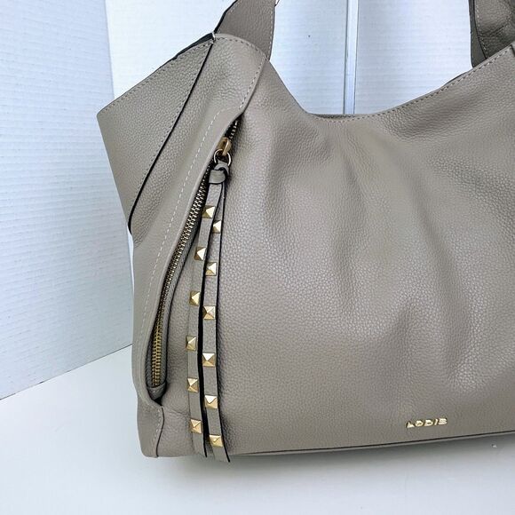 NWT LODIS Camilla Tote Shoulder Bag Ash Grey Taupe Leather Studded Zip Tassels - Picture 2 of 16